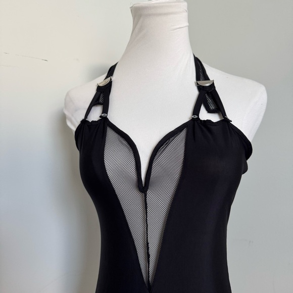 GUESS Black Mesh Bodysuit | Buckle Strap Detail, Deep V, Y2K Clubwear M - Picture 4 of 7